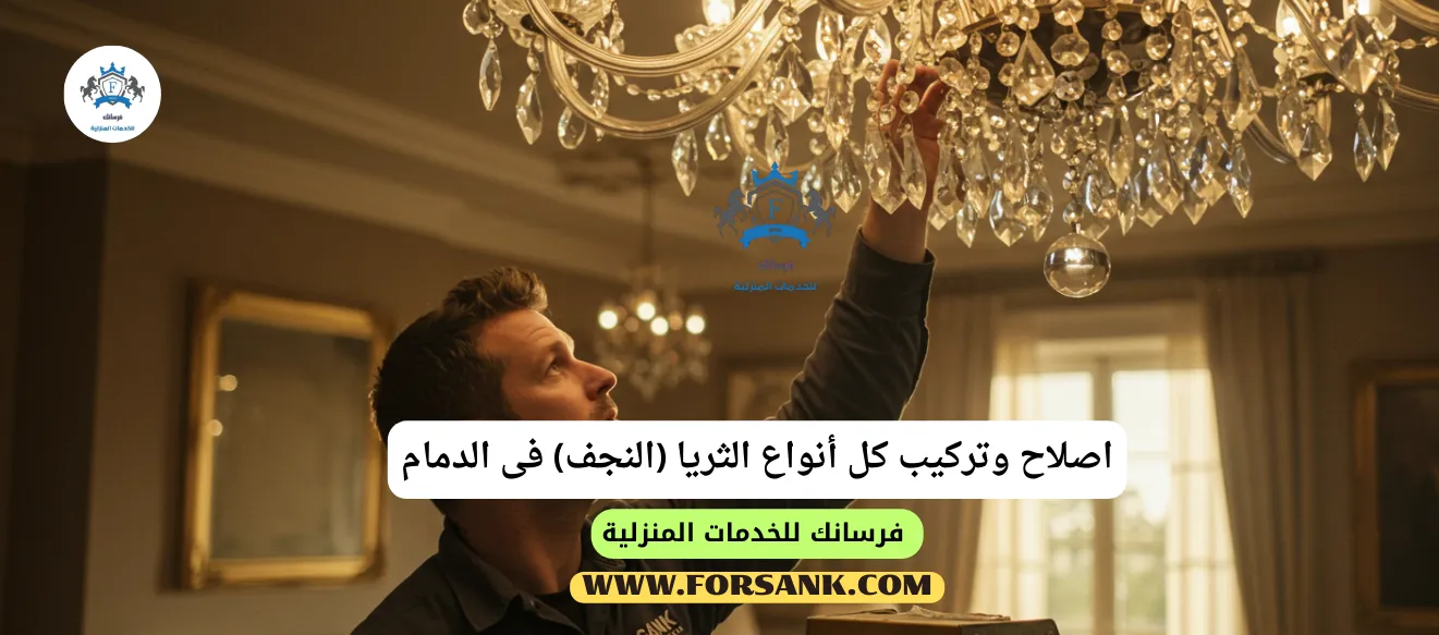 فني متخصص من فرسانك يقوم بتركيب ثريا كريستال فاخرة بحرص ودقة في الدمام